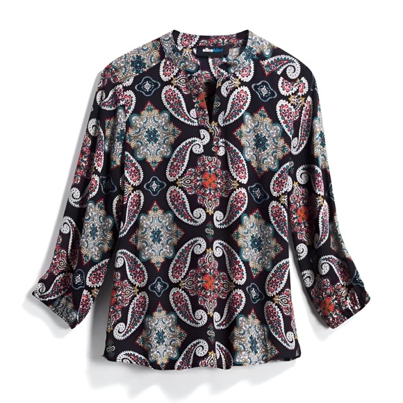 Alice Blue Black Multicolor Paisley Floral Print Split Neck Long Sleeve Top - Picture 4 of 14